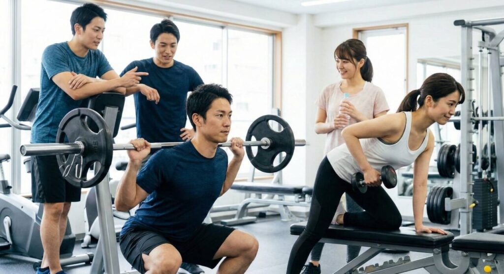 日本の明るいジムで、男性が正しいフォームでバーベルスクワットを行い、隣で女性がダンベルロウを行っている。その様子を他の男性2人と女性1人が笑顔で見守ったり、アドバイスをしているような雰囲気の風景。