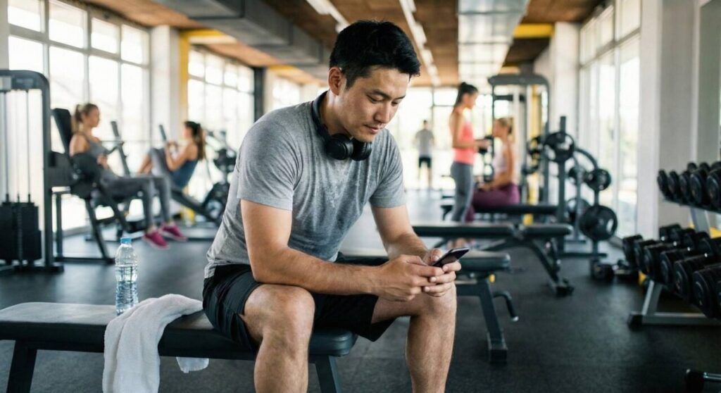 ジムのトレーニングベンチに座り、セット間の休憩中（レスト）にスマートフォンを操作している日本人男性。首にヘッドホンをかけ、横にはタオルと水筒が置かれている。