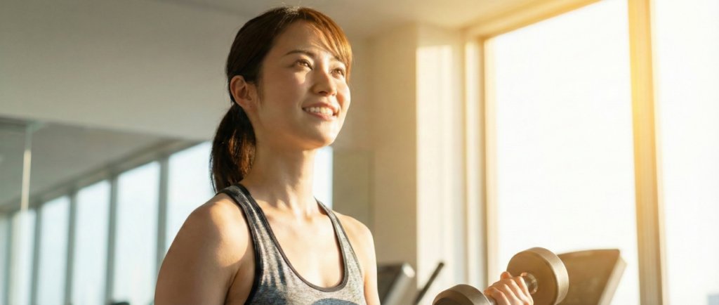 日当たりの良いジムの窓辺で、ダンベルを片手に持ち、希望に満ちた笑顔で窓から差し込む光を見上げている日本人女性のヘッダー画像。