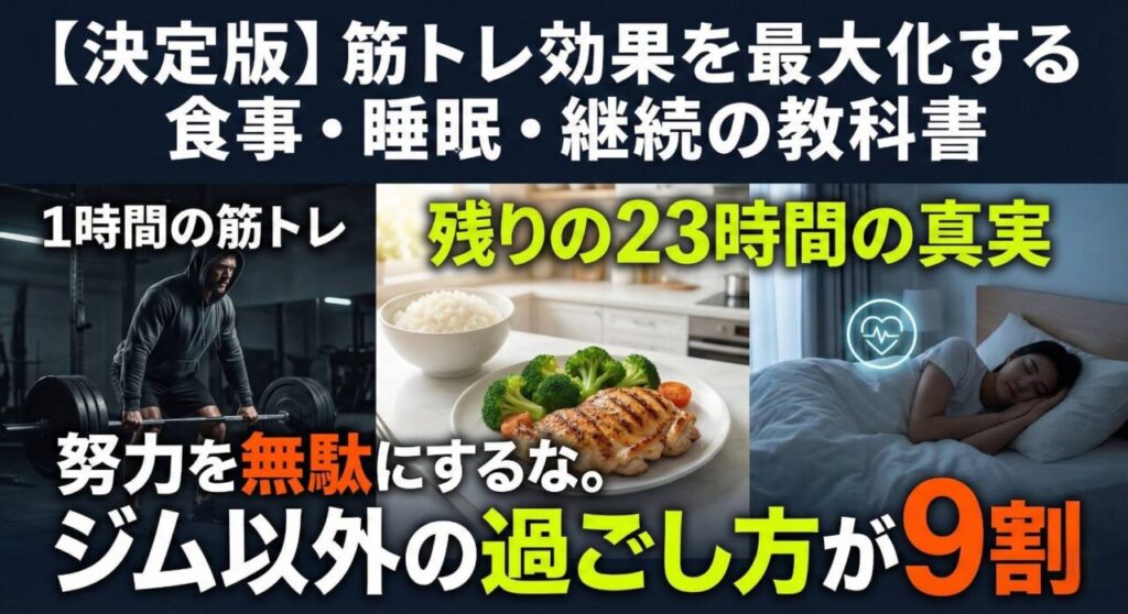 筋トレ効果を最大化する食事・睡眠・生活習慣の教科書のアイキャッチ画像。1時間の筋トレと23時間の日常生活を対比させ「ジム以外の過ごし方が9割」というメッセージを強調したプロ仕様のデザイン。