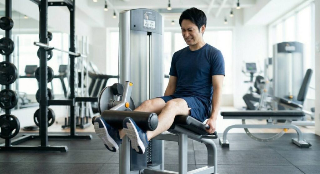 膝が痛い男性が、レッグエクステンションマシンで脚を完全に伸ばし切り、膝関節をロック（伸展）させている、お皿周りに強いテンションがかかっているNGフォームの画像。