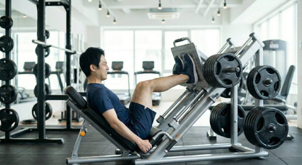 膝が痛い男性が、レッグプレスマシンで高重量のプレートを深く下ろした際に膝が鋭角に曲がり、プレートの重さが膝関節を押し潰すようにかかっているNGフォームの画像。