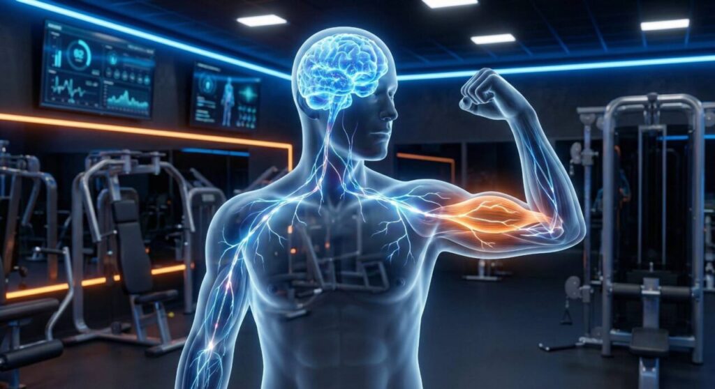 脳から筋肉へ電気信号が伝わっている様子を表現した3Dイラスト。筋トレの強度が「脳からの命令」であることを示唆。