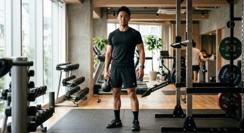 決意を秘めた表情でジムに立つ日本人男性