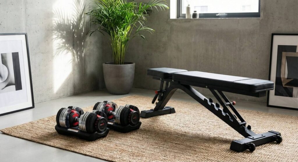 モダンでミニマルな部屋の片隅に設置されたホームジムの風景。コンクリート打ちっぱなしの壁と柔らかな自然光が差し込む空間に、整理整頓された黒のアジャスタブルダンベルとトレーニングベンチが配置されています。傍らには観葉植物やアートフレームが置かれ、生活感を感じさせないスタイリッシュなインテリアとしてまとめられています。