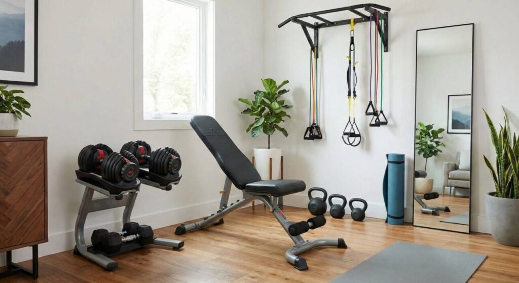 アジャスタブルダンベル(可変式ダンベル)とトレーニングベンチが設置された、明るくおしゃれなホームジムの様子。窓から自然光が入り、観葉植物や大きな鏡、壁掛けの懸垂バー、ケトルベルなども配置された、リビングルームの一角のような清潔感のある快適なトレーニング空間。