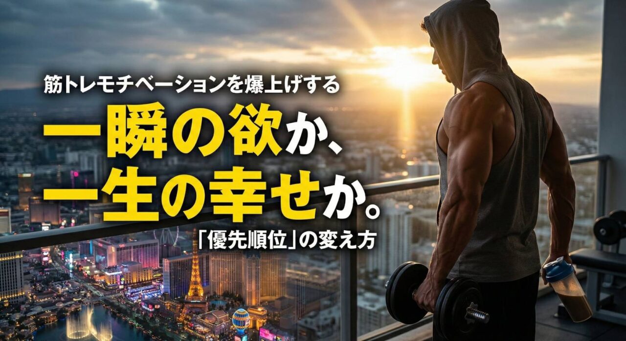 飲み会などの一瞬の欲と、筋トレによる一生の幸せを天秤にかけ、未来を選ぶ決意をした男性の姿。「一瞬の欲か、一生の幸せか。」の文字。
