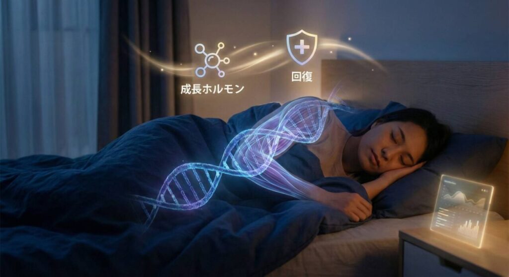 睡眠中に成長ホルモンが分泌され、筋肉が修復・合成されるメカニズムのイメージ。