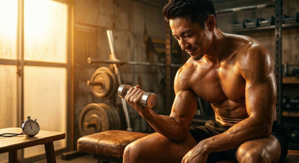 黄金色の光の中で、完璧なセットを完了した男性アスリートが、軽い1kgのダンベルを手に座り、達成感に満ちた誠実な表情でダンベルを見つめているシネマティックな写真。