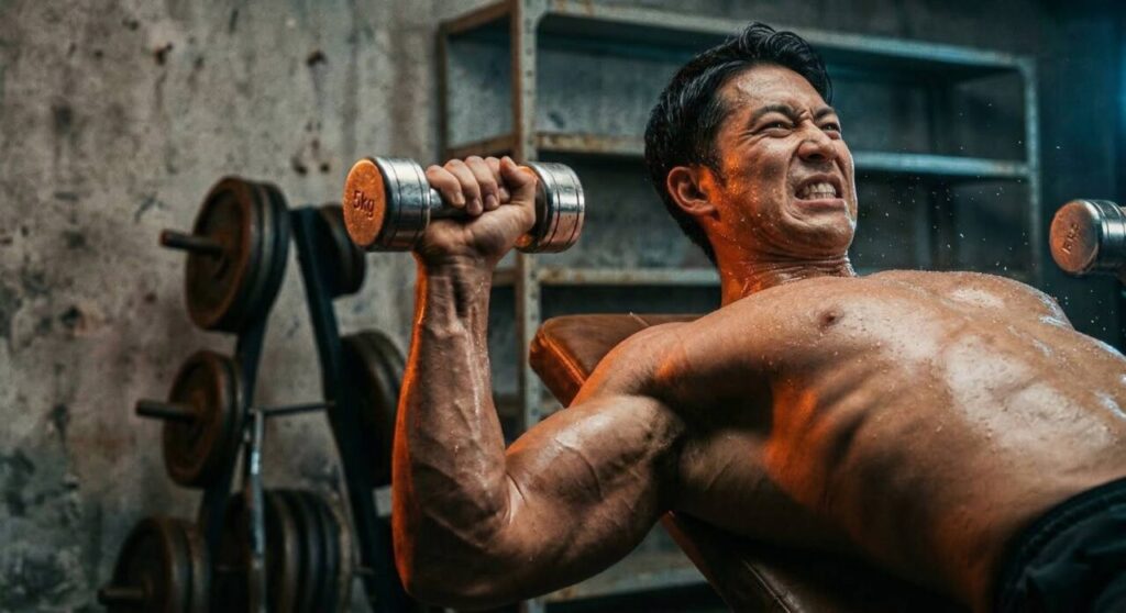 薄暗いガレージジムで、軽いダンベルを使いながらも極限の表情で3秒かけてゆっくりとダンベルを下ろすスロートレーニング中の男性。筋肉の緊張時間(TUT)を伸ばす様子を捉えたシネマティックな写真。