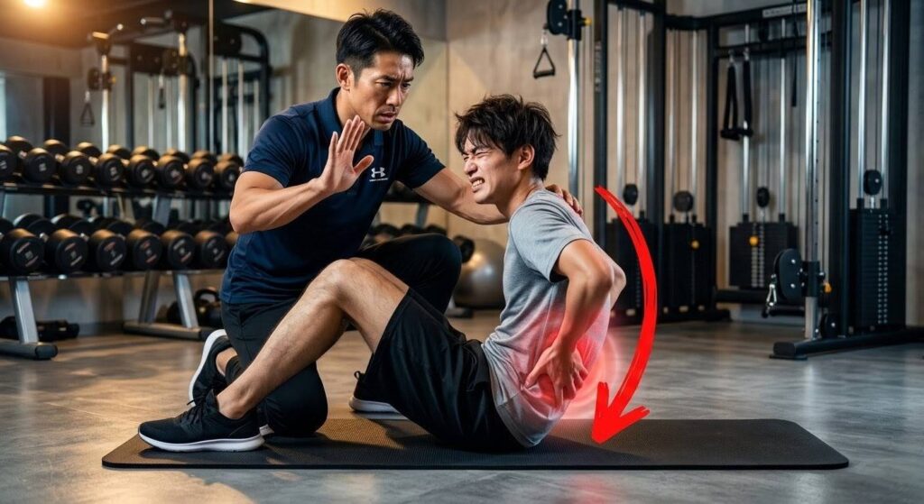 腰を丸めるクランチ(腹筋運動)で腰痛を悪化させてしまう初心者と、それを慌てて止めるトレーナー。良かれと思ってやる腹筋が腰を破壊する危険性を、視覚効果(赤いオーラと矢印)で表現。