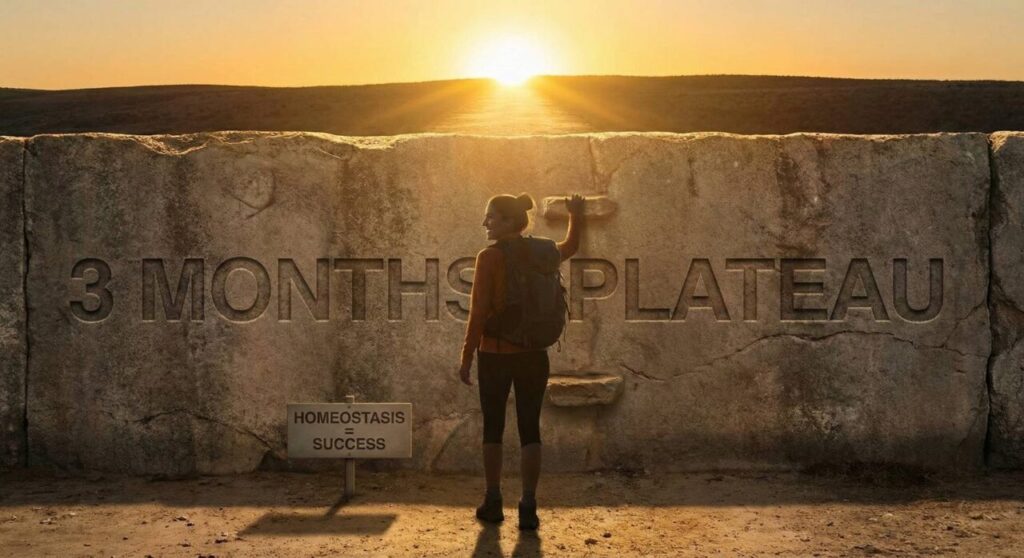 筋トレ3ヶ月目の停滞期（ホメオスタシス）を成功のサインと捉え、乗り越えるためのイメージ図。