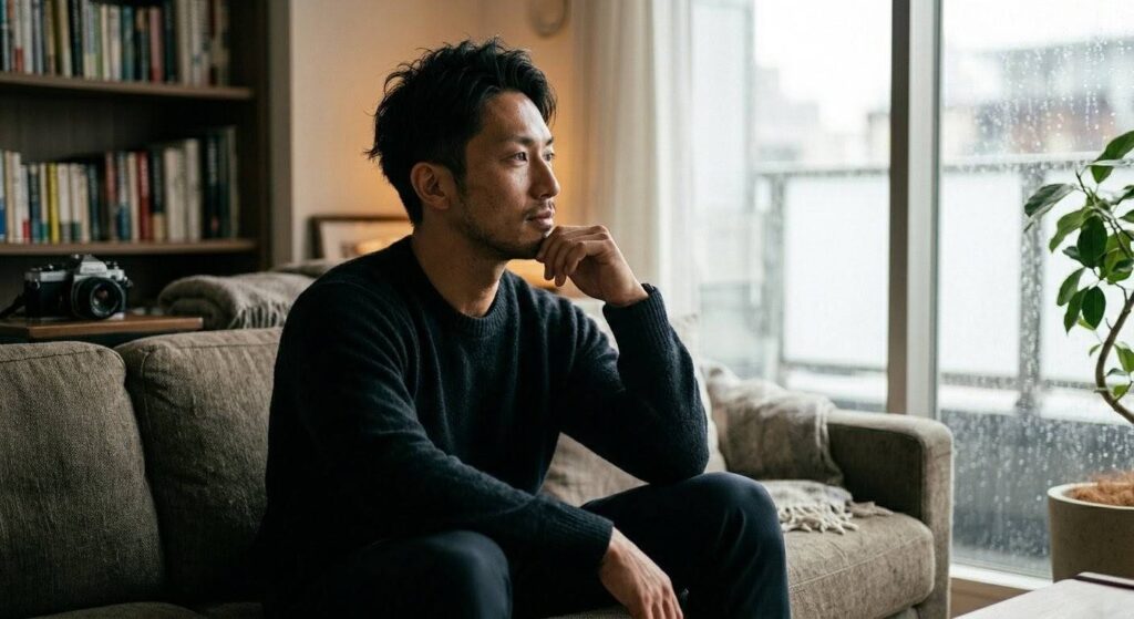 部屋で過去の趣味を思い返している日本人男性