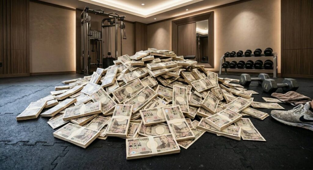モダンなプライベートパーソナルジム内で、大量の札束（日本円）が積まれている写実的な写真。