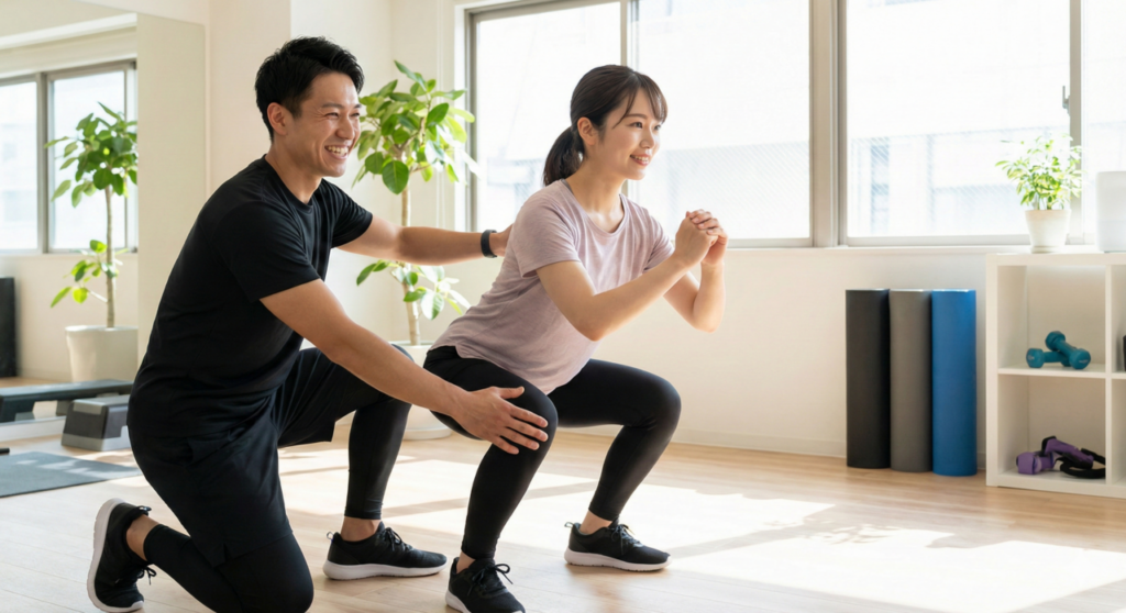 パーソナルジムでトレーナーから正しいスクワットのフォーム指導を受ける初心者の女性