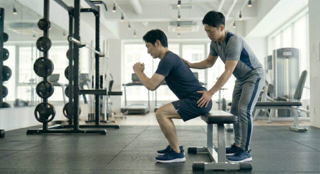 現役トレーナーがクライアントの股関節主導のフォームを厳しくチェックし、膝に負担をかけない正しいスクワット動作を指導しているプロフェッショナルな現場の画像。