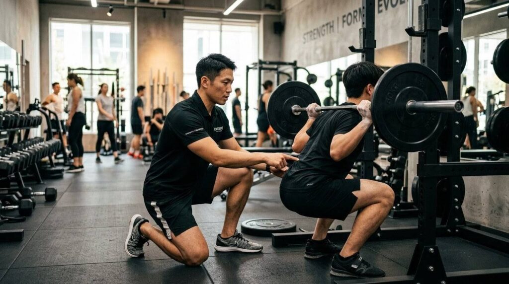 個人の骨格や関節の柔軟性に合わせた正しいフォームを指導する日本人パーソナルトレーナー