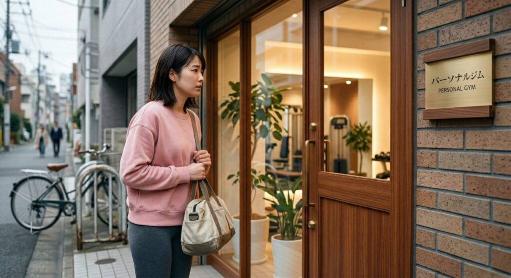 初心者らしい女性が、パーソナルジムの入口前で緊張気味に立ち尽くし、入るか悩んでいる様子。ドア横の看板には「パーソナルジム」とあり、窓から見えるジムの内部は明るく温かい雰囲気。