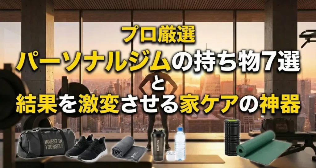 都会の景色が見えるジムに、トレーニンググッズとホームケアグッズが一列に並んでいる。