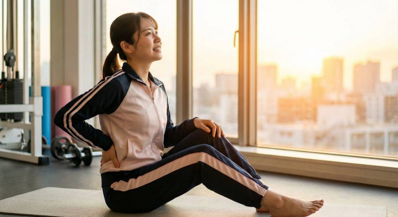 腰の痛みや身体の不調からの回復を目指し、筋トレで手に入れる輝かしい未来を想像しながら前向きな笑顔を見せる女性