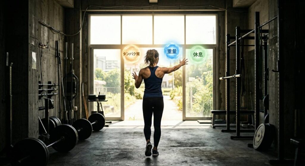 停滞期をぶち破るため、暗い場所から光り輝く「3つのリセット術」に向かって力強く歩き出す女性の後ろ姿。