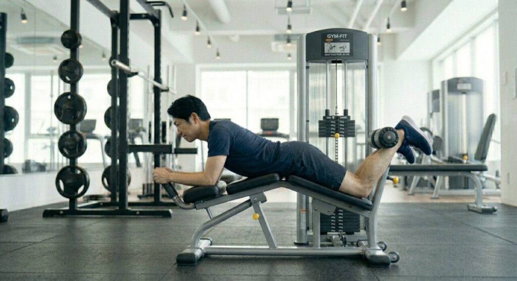 レッグカールマシンを使用し、膝を完全に伸ばしきらない安全なフォームでもも裏を鍛える男性の画像