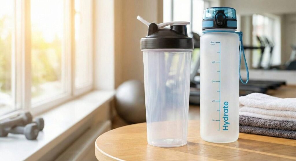 シェーカーボトルと、目盛りが付いた空の半透明ウォーターボトルの画像