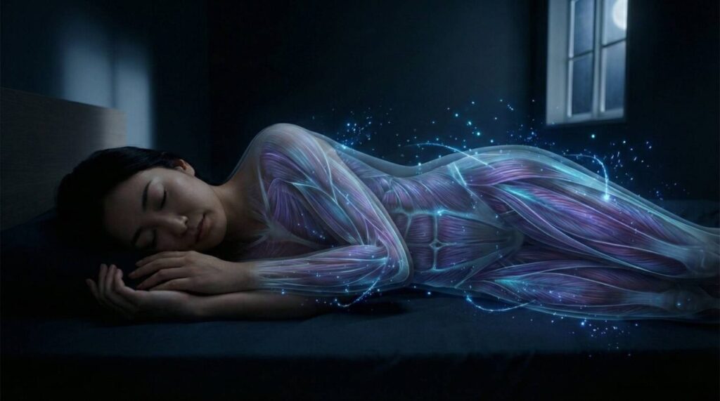 睡眠中に筋肉が修復され、脂肪が燃焼していく様子を視覚化したイメージ