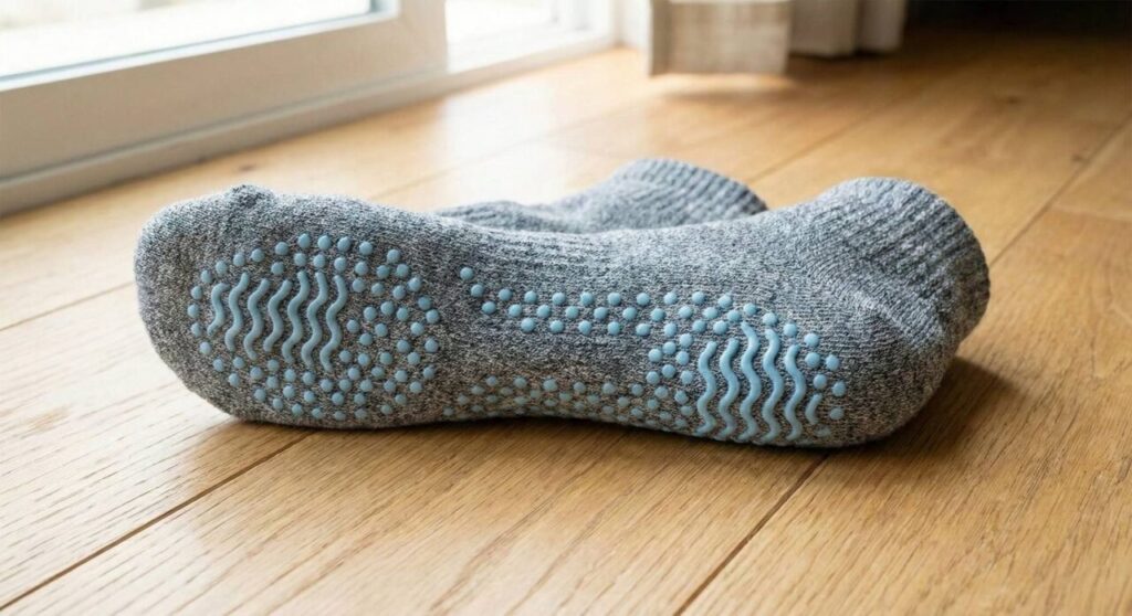 青い粒状と波状の滑り止めが足裏全体についた、グレーの厚手靴下のクローズアップ写真。