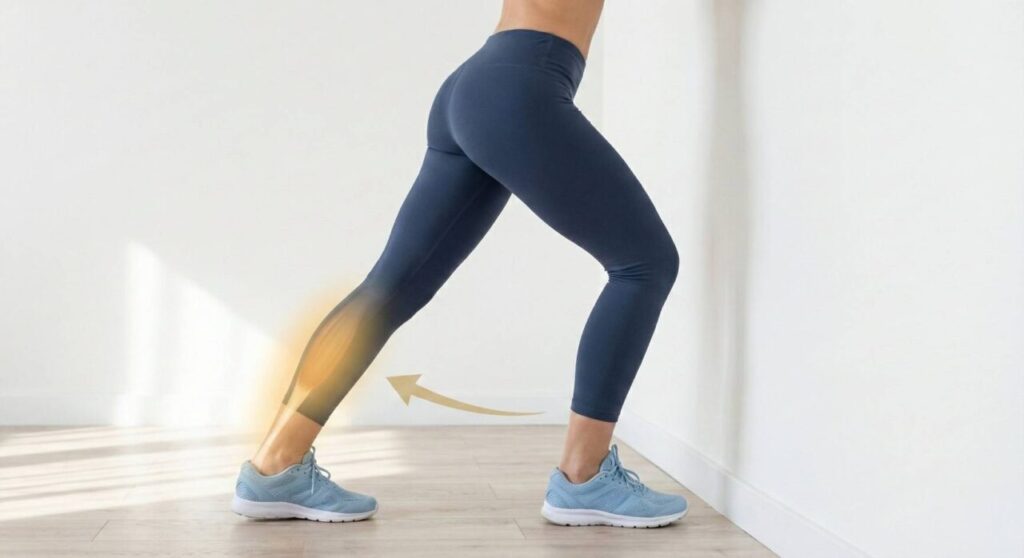 足首の可動域を広げるヒラメ筋ストレッチのやり方。膝を軽く曲げてふくらはぎ深層部を伸ばしている様子。