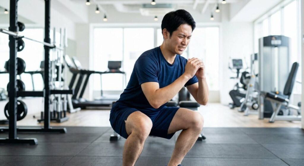 膝が痛い男性が、お皿周りに強い負担がかかるほど深くしゃがみ込んでいる（フルスクワット）、膝が深く曲がりつま先より前に出ているNGフォームの画像。