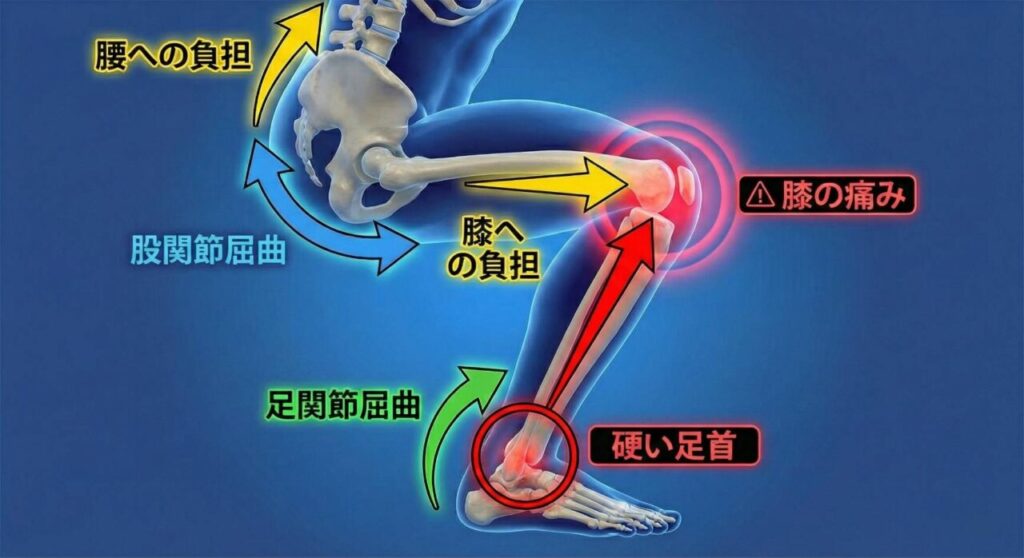 スクワット時の足首と股関節の硬さが膝や腰の痛みに繋がるメカニズムを解説した解剖図。