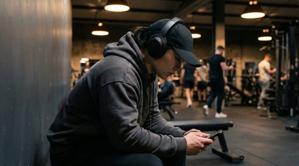 グレーのパーカーとキャップ、イヤホンを装着して自分の世界に集中するジム利用者