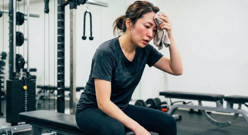 激しいトレーニングの後、ジムのベンチに座り、疲れた表情でタオルで額の汗を拭う日本人女性。