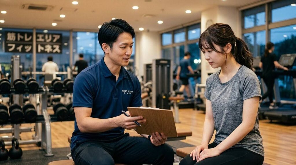 痛みを我慢せず、代替種目や攻めの休息についてトレーナーと真剣に相談する様子