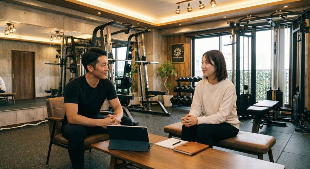 カウンセリングでクライアントの悩みを丁寧にヒアリングするトレーナー
