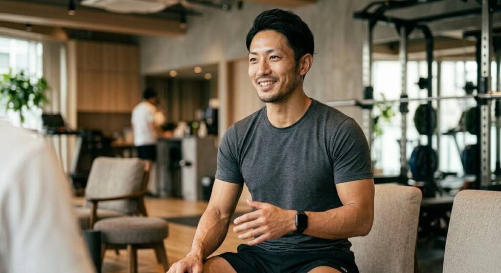 笑顔でクライアントと話す現役トレーナーの日本人男性