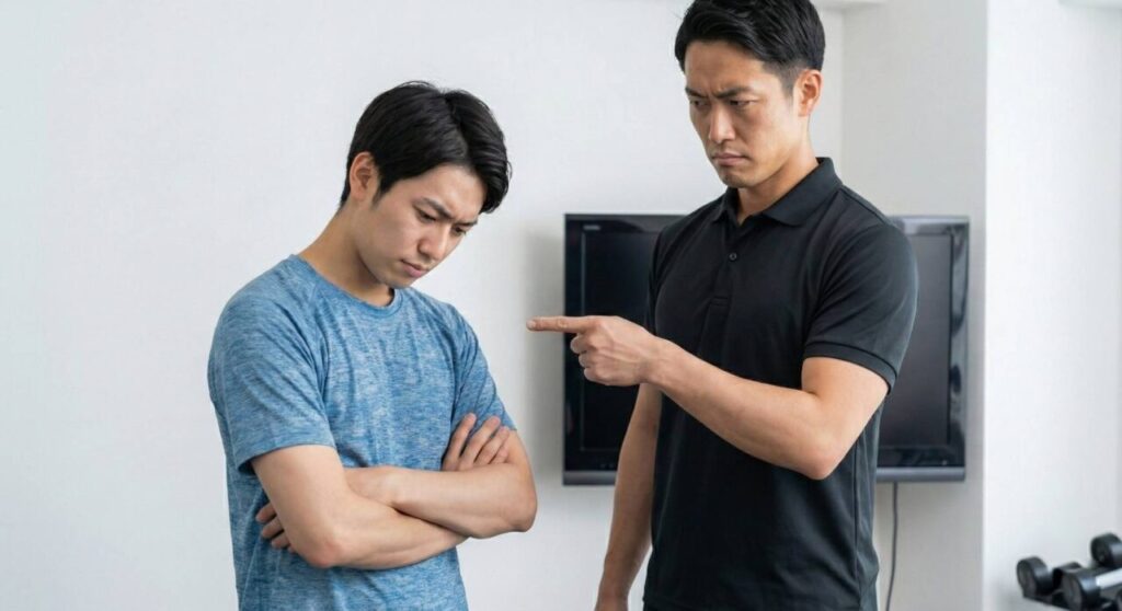 ジムの室内で、厳しい表情の男性トレーナーが、腕を組んで不満そうにうつむいている男性クライアントを指差している様子。