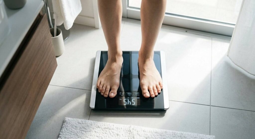 体重計に乗り、数値の変化を確認する女性