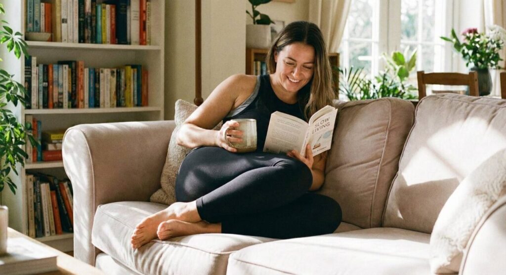 明るい日差しが差し込むリビングルームのソファで、黒いトレーニングウェアを着た女性が、片手にコーヒーカップを持ち、リラックスした笑顔で本を読んでいる様子。