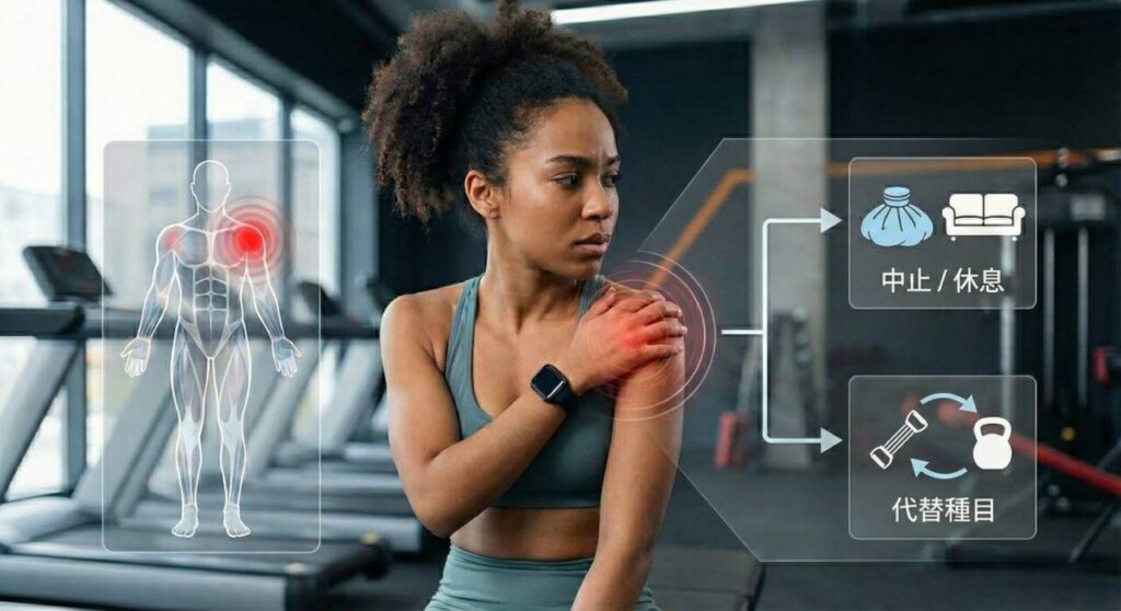 ジムで肩の痛みを気にする女性と、痛みの位置を示す人体図、および「中止/休息」または「代替種目」という対処法を示すインフォグラフィック。