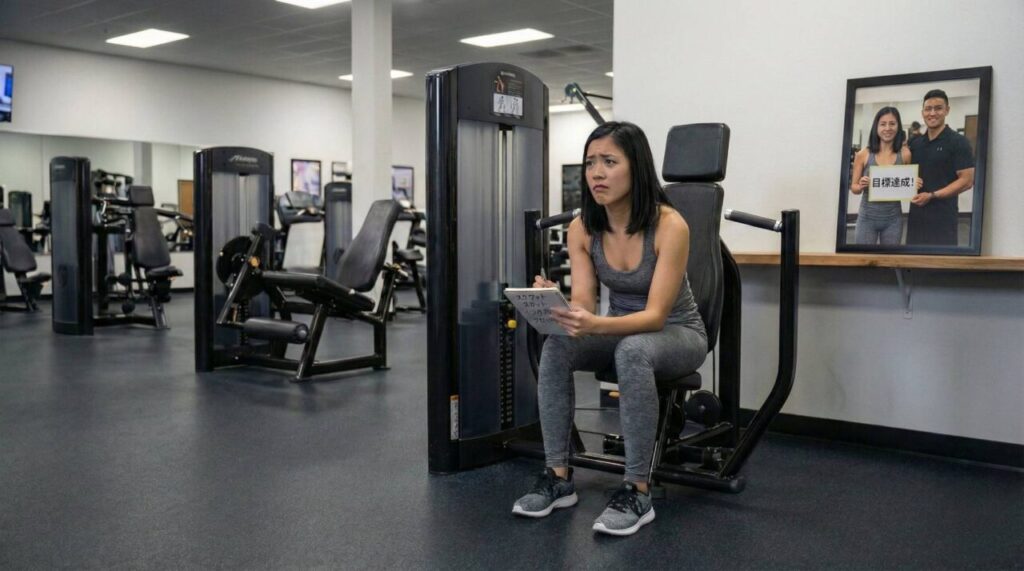 ジムのマシンに座り、困った表情でノートを見つめる女性。壁にはトレーナーと笑顔で写った『目標達成』の写真が飾られており、一人でのトレーニングに苦戦している様子がうかがえる。