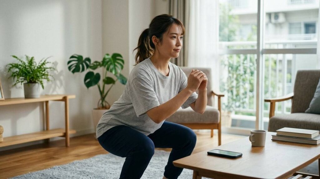 スマホを置き、自宅のリビングで「今その場で10回しゃがむ」アクションを実行する日本人女性