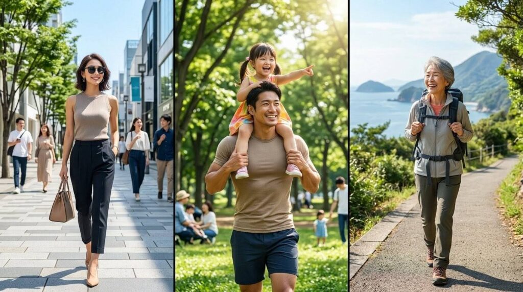 筋トレで叶える3つの未来（憧れの的になる、自慢のパパになる、一生旅行を楽しむ）を表現した分割画像