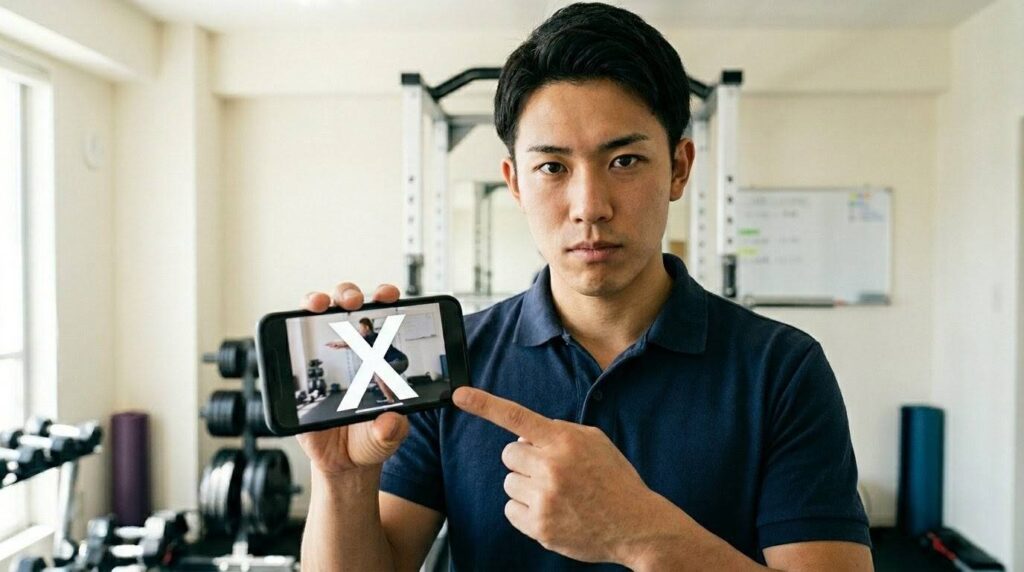 真剣な表情で、SNSの過激な動画を指差し、NG行動に警鐘を鳴らすプロの日本人トレーナー