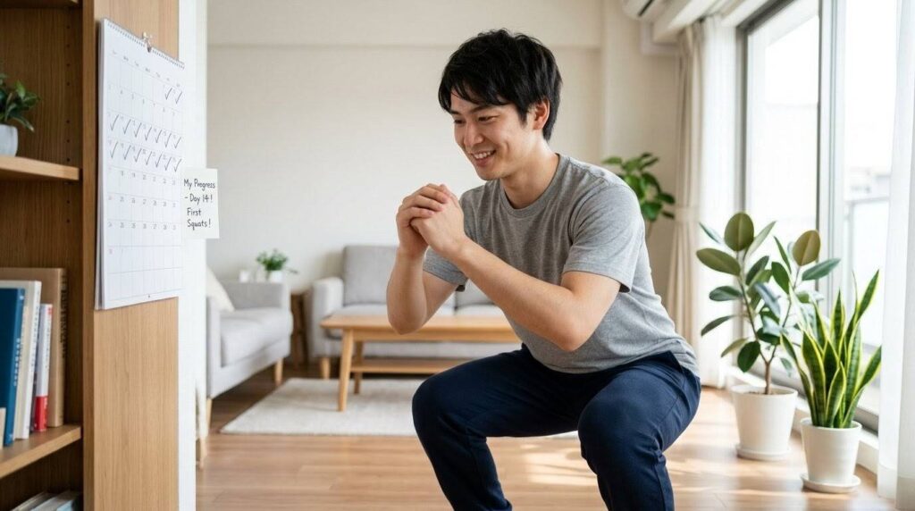体育が苦手だった日本人男性が、自重スクワットを正しく行い、成果を感じている笑顔