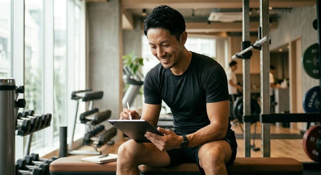 スマホやノートを見ながら計画を立てる日本人男性