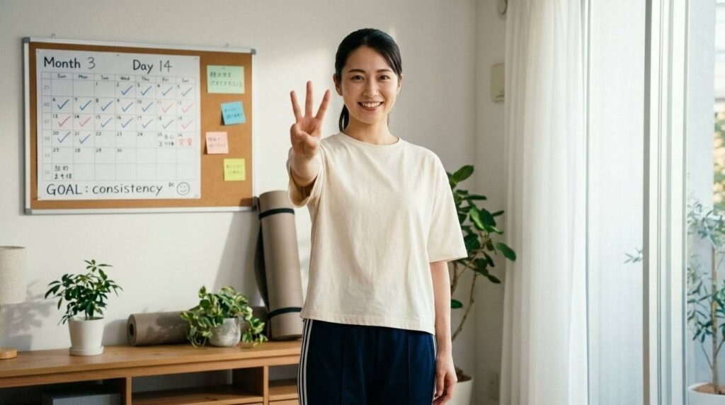 笑顔で3本の指を立て、怪我なく継続するための鉄則を示す日本人女性