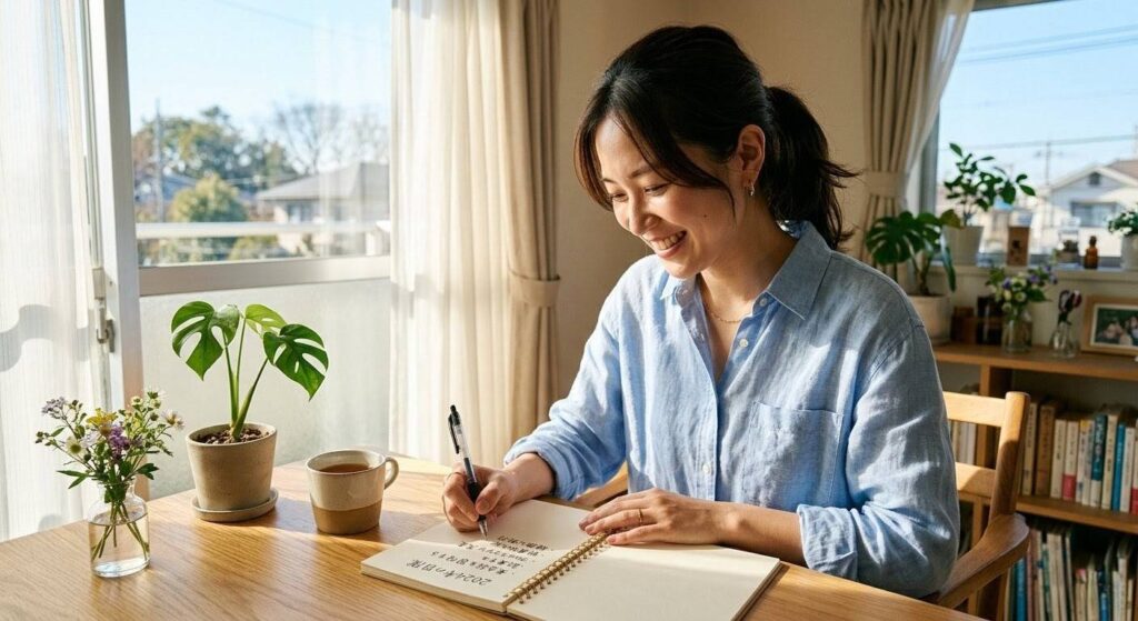 目標と性格をノートに書き出す前向きな女性