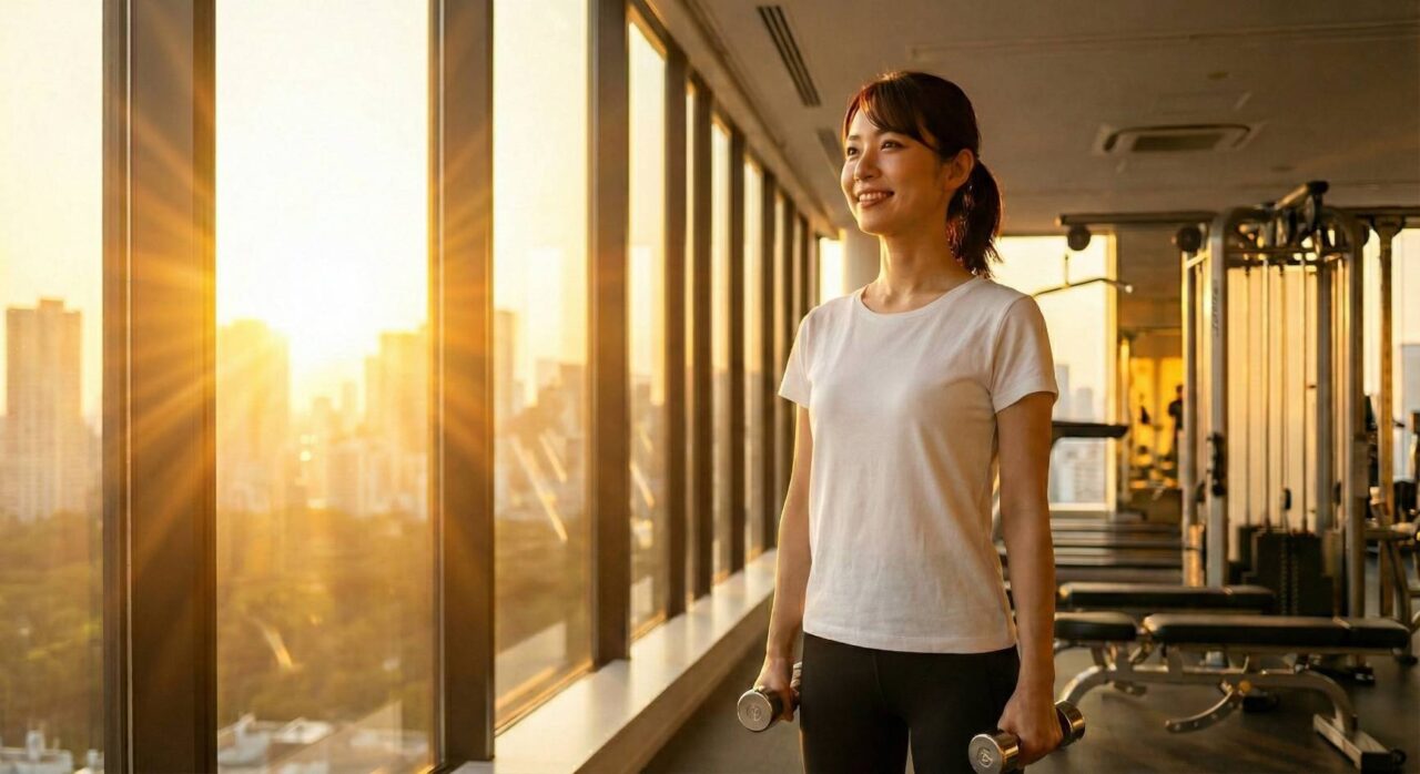 美しい朝日を浴びて、これからの明るい未来を想像しながら筋トレを始めようとする初心者女性